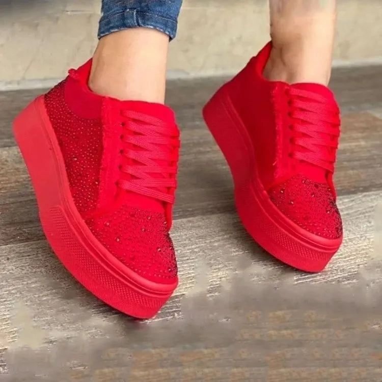 Plus size women's low-top casual shoes with rhinestones, lace-up front, and thick rubber sole.