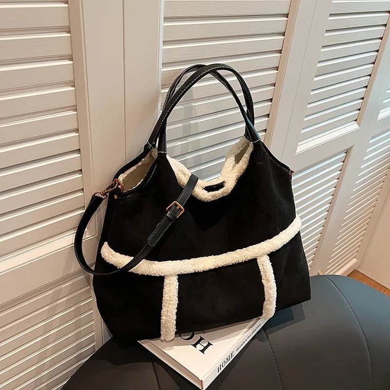 2pcs women's plush tote shoulder bag, large capacity suede-style handbag, black or brown, PU outer, polyester lining