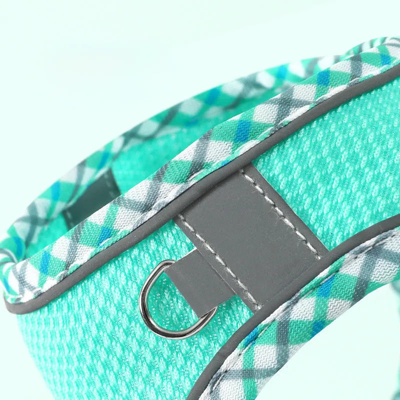 No-pull step-in dog harness with 1.2m leash, breathable mesh, reflective vest, quick-release buckle, sizes XXS to L