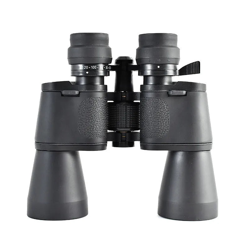 Black outdoor binoculars with large 100mm objective lenses and continuous zoom control.