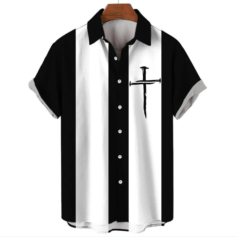 Men's striped Hawaiian casual shirt with button front and short sleeves in polyester fabric