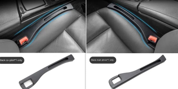 Black plastic car seat gap storage organiser box with a handle, shown inserted between vehicle seats.