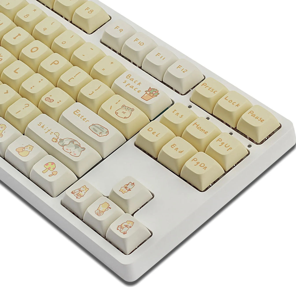 Custard Cute theme plastic keycap set for 68 75 98 100 layout mechanical keyboards in grey and yellow.