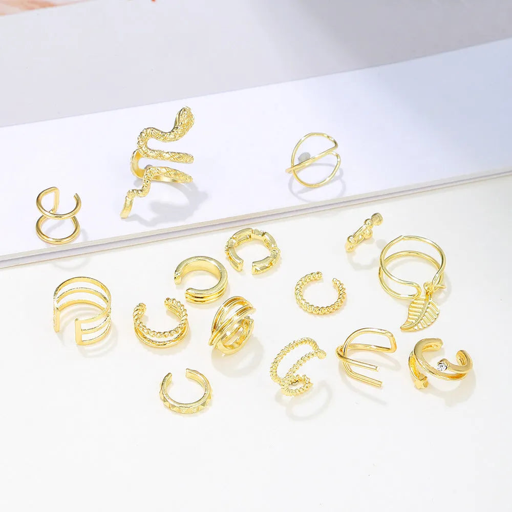 15-piece clip-on earring set for women with gold and silver geometric metal ear clips
