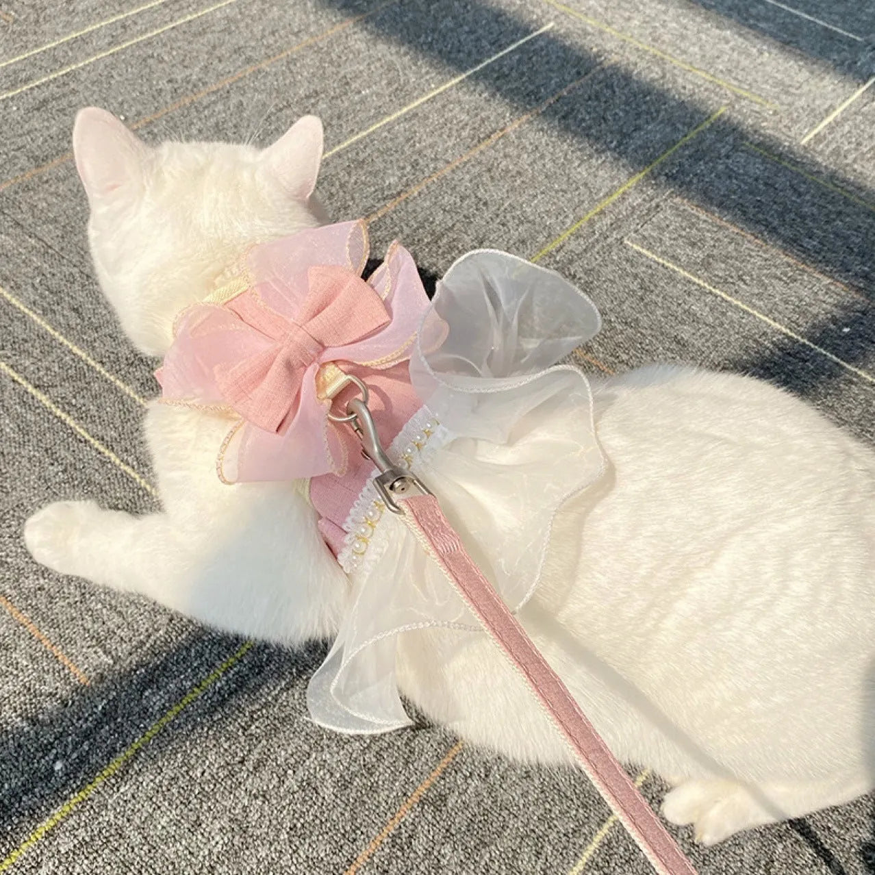 Vest-style nylon cat leash in pearl chiffon blue with hand holding rope
