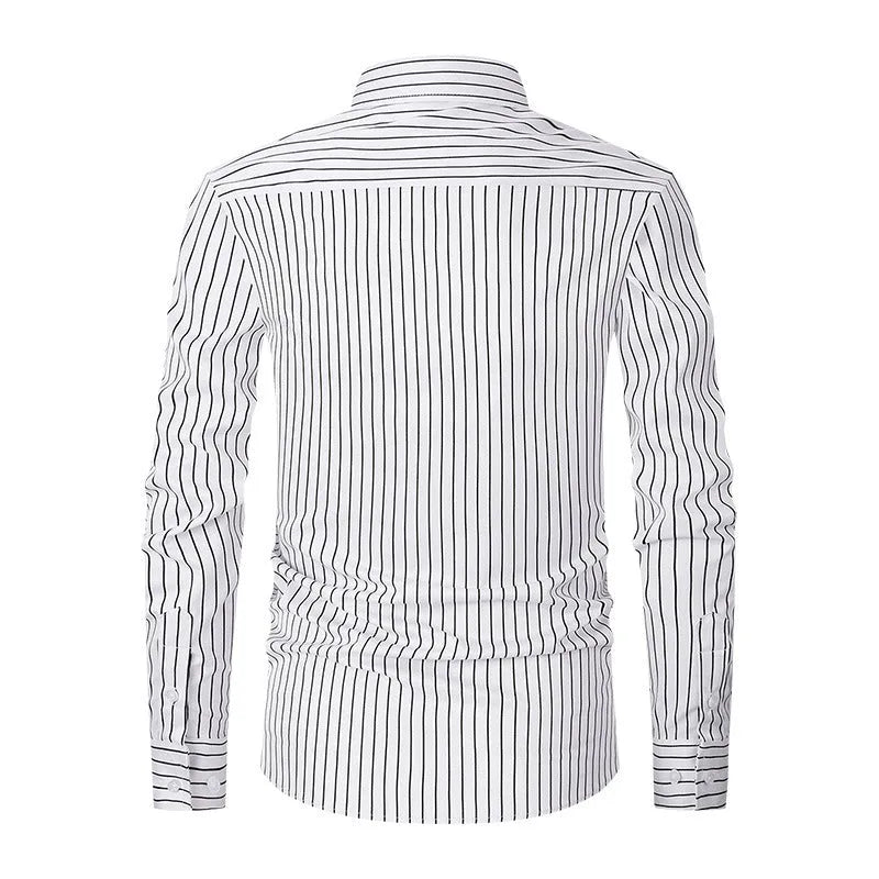 Men's slim fit striped long sleeve business shirt in a cardigan style on a hanger.