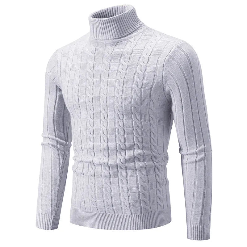 Man wearing a milky white slim-fit twist design turtleneck pullover made of chenille fabric.