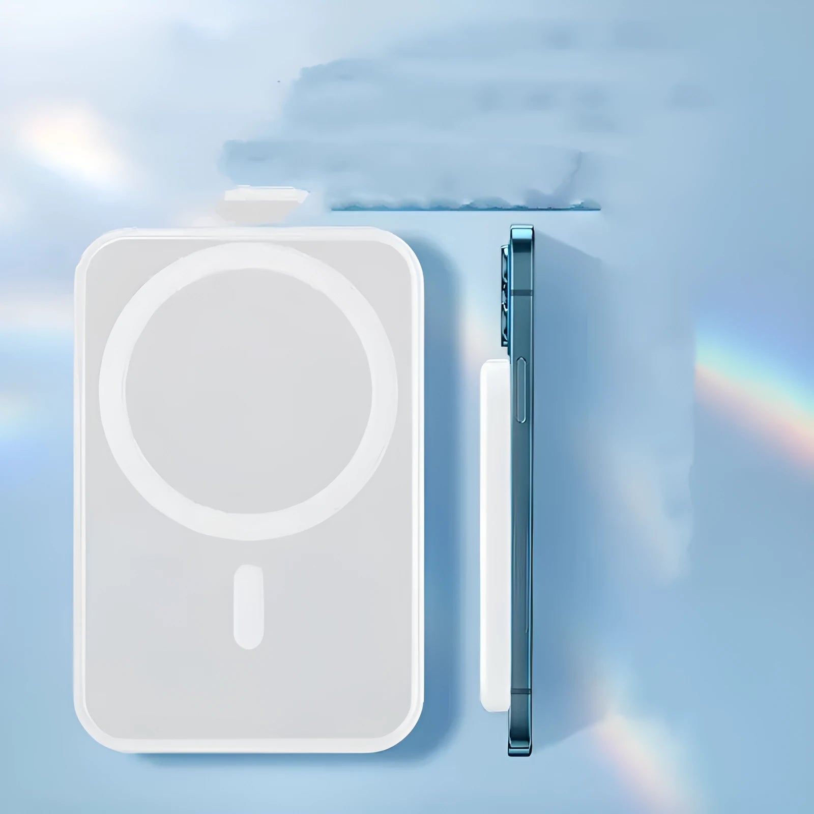 Magnetic wireless charger power bank in white colour showing 5000mAh capacity and compact dimensions