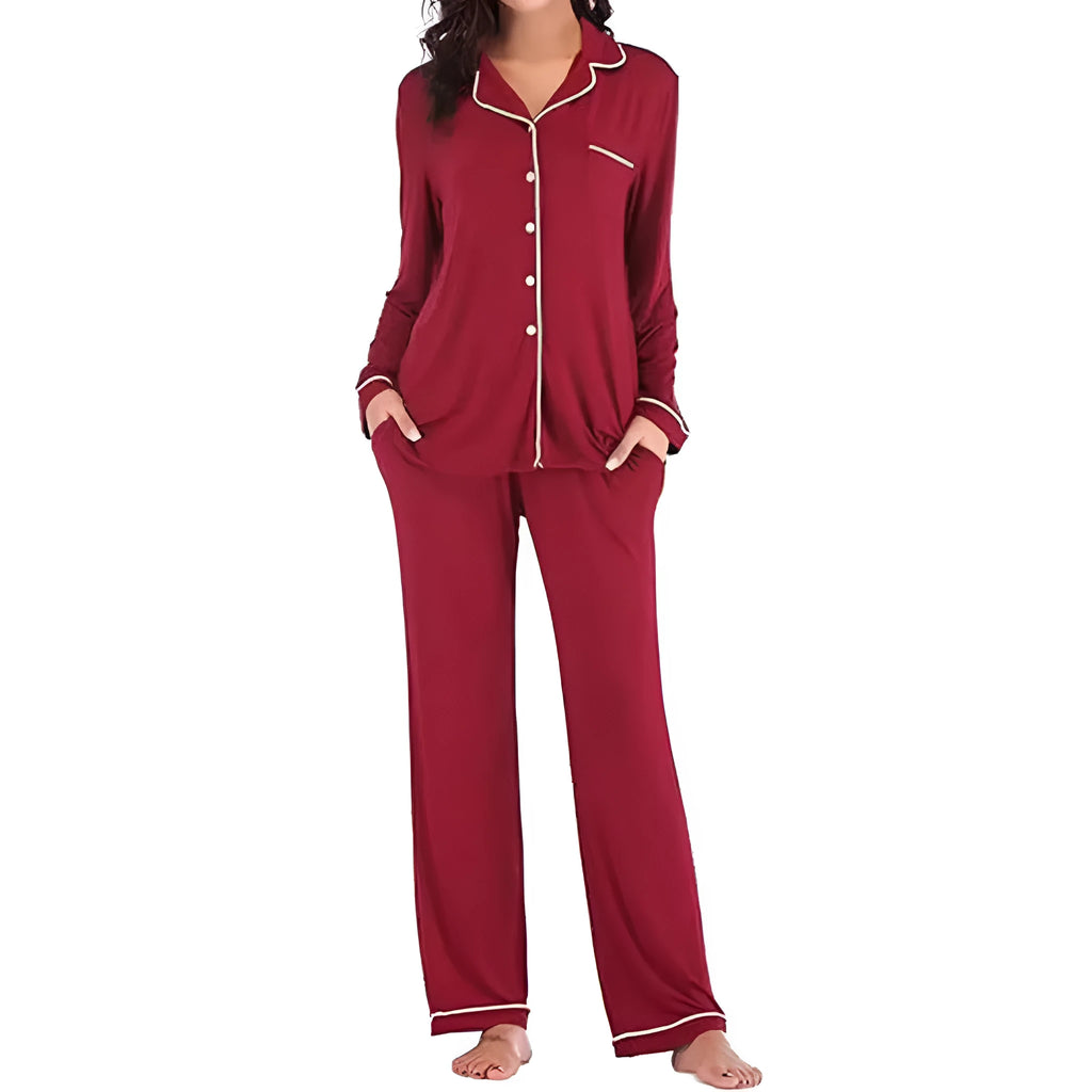 Women's solid colour cardigan and trouser set with button front, long sleeves and pockets, sizes S to XXL