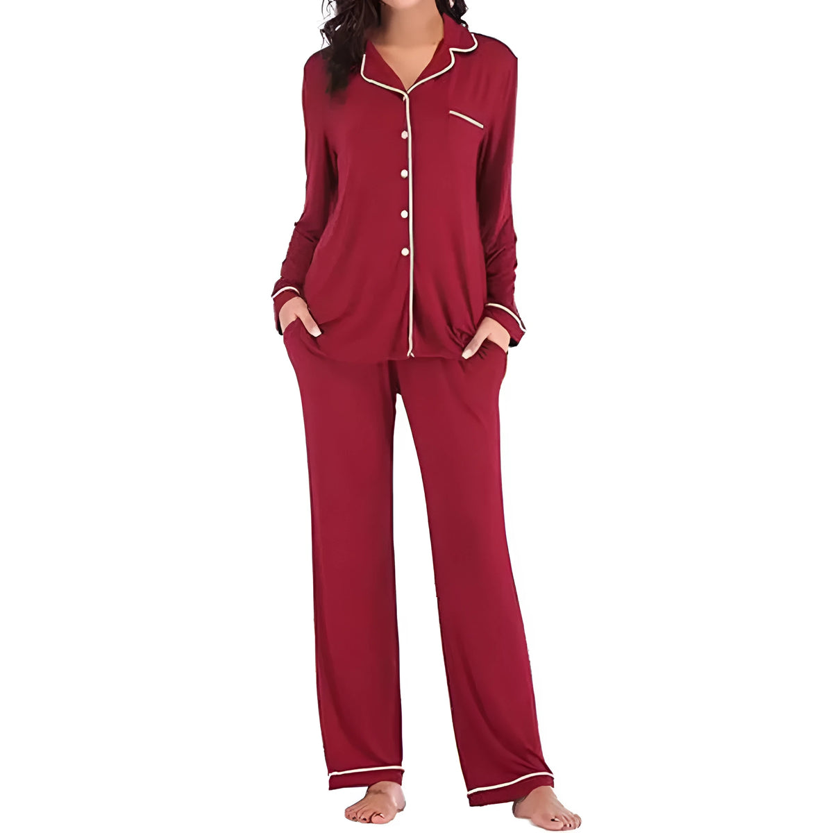 Women's solid colour cardigan and trouser set with button front, long sleeves and pockets, sizes S to XXL