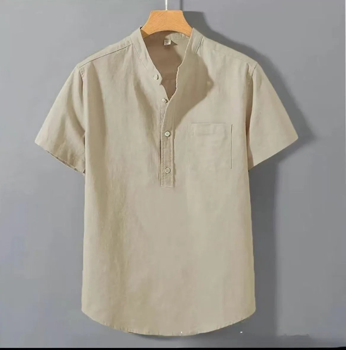 Men's loose-fit solid colour slub linen short sleeve shirt with stand collar