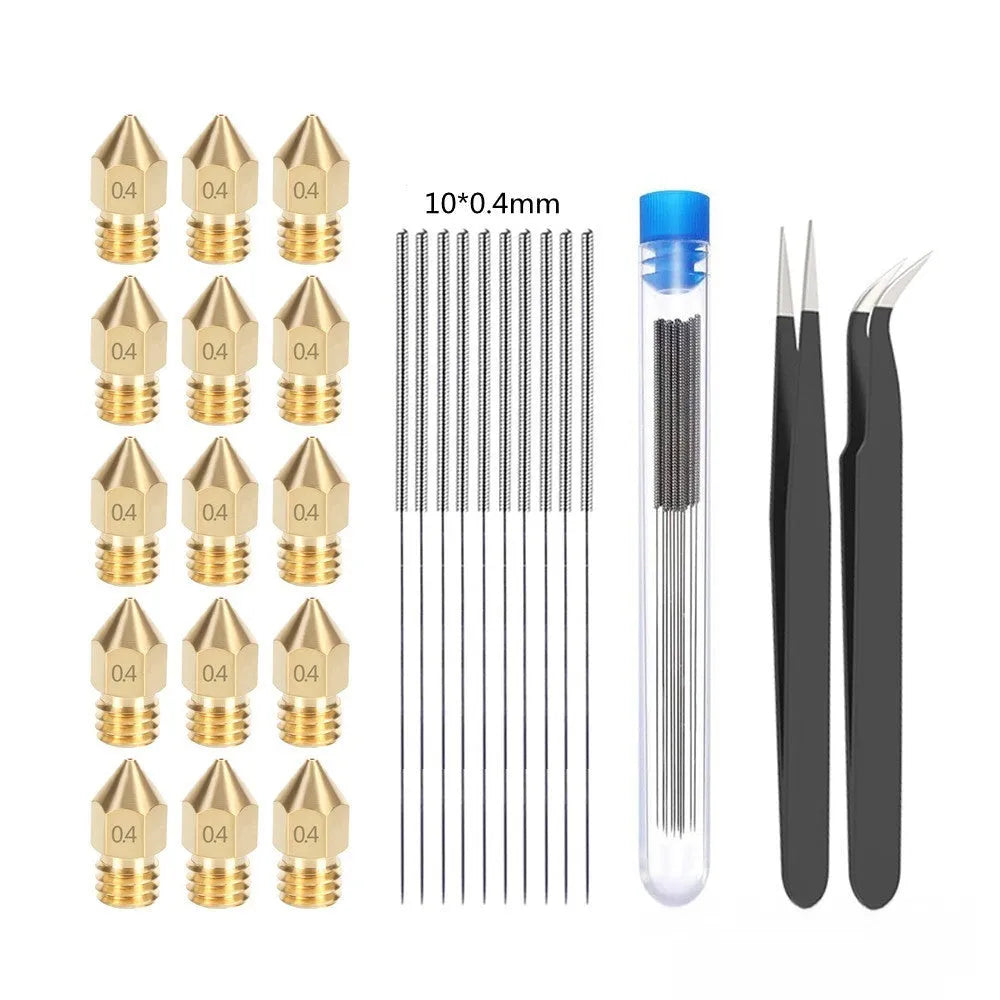 MK8 brass nozzle and stainless steel cleaning pin kit for Creality 3D printers.