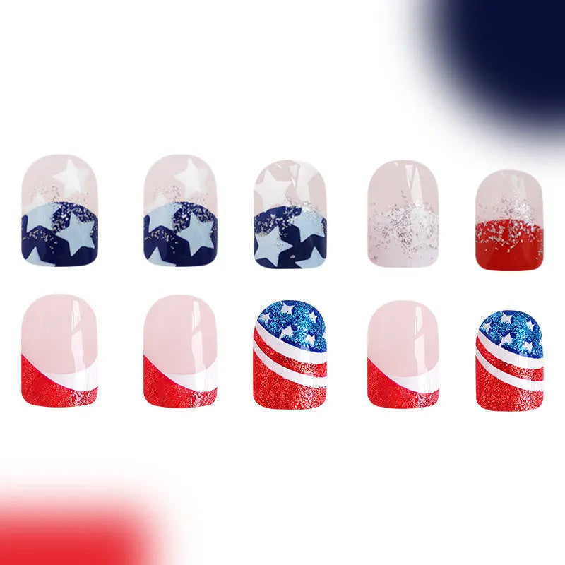 Independence Day false nails set with American star design in European square shape