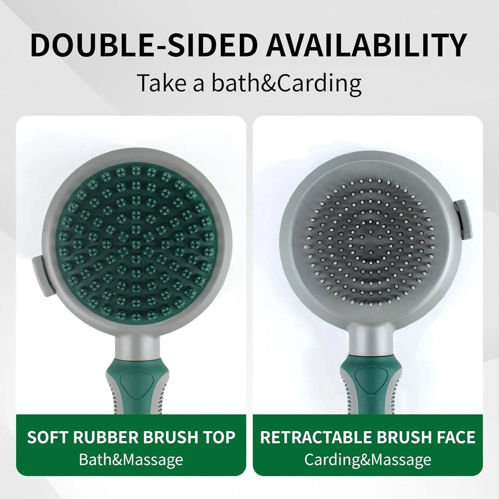 Green and pink 2-in-1 silicone cat grooming brush showing slicker brush and massager sides