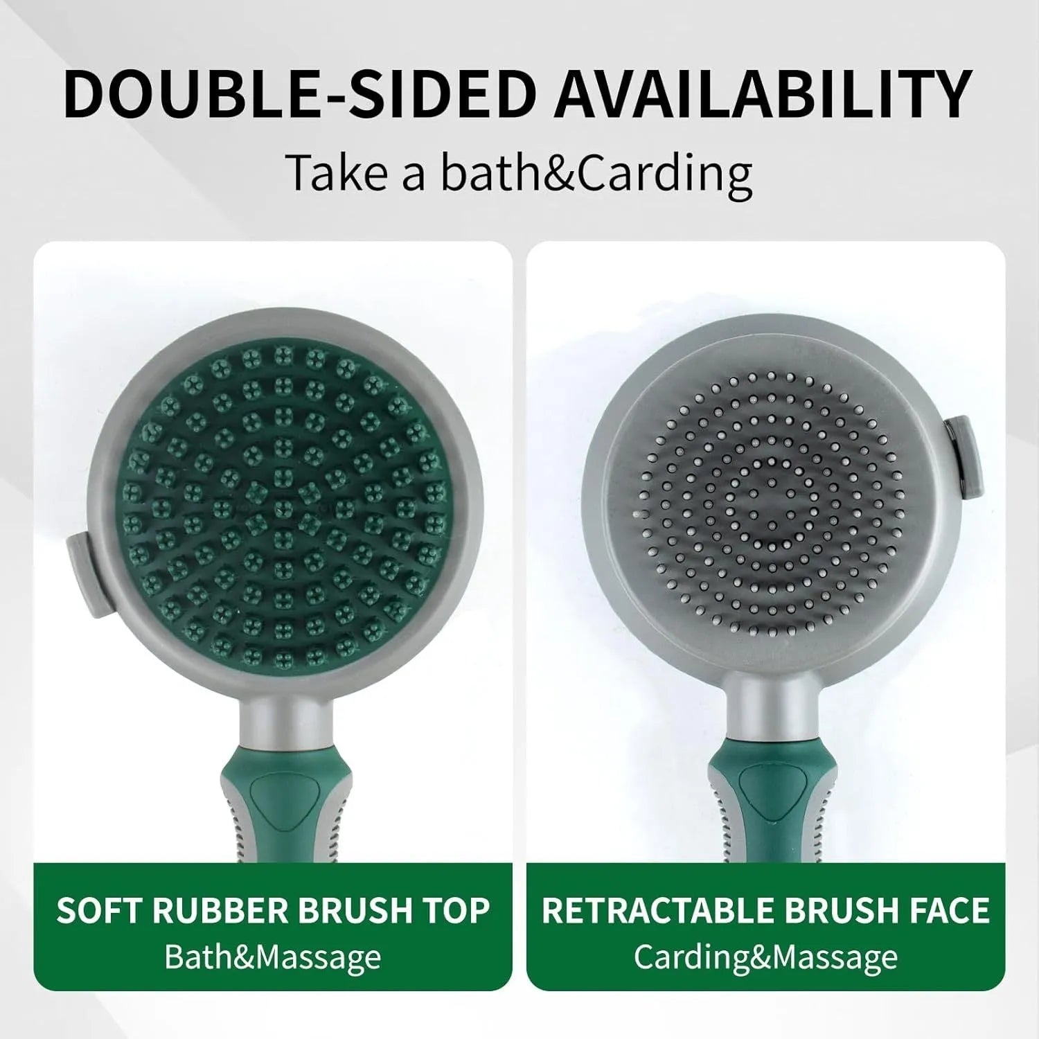 Green and pink 2-in-1 silicone cat grooming brush showing slicker brush and massager sides
