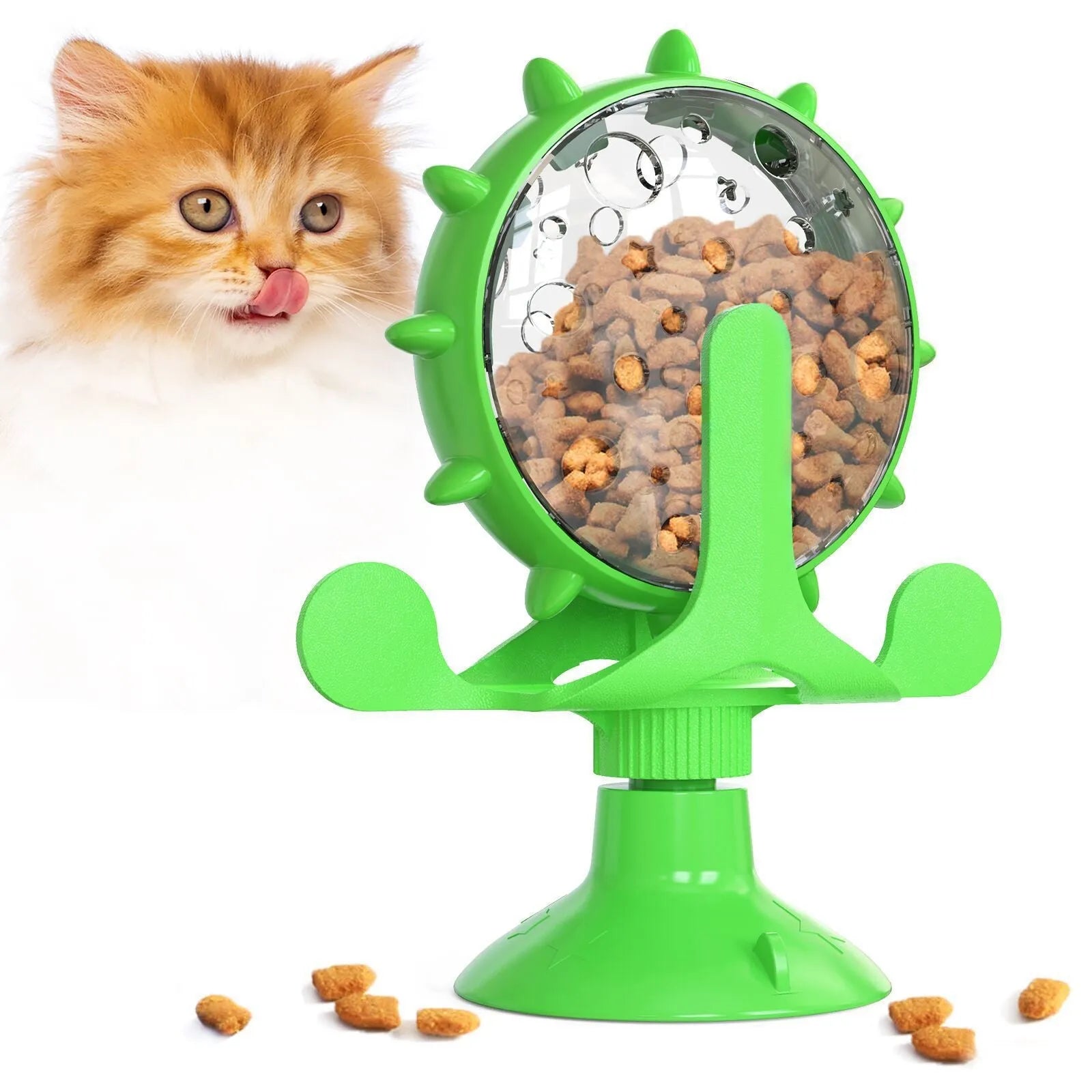 Blue interactive pet puzzle feeder toy with spinner and strong suction cup base.