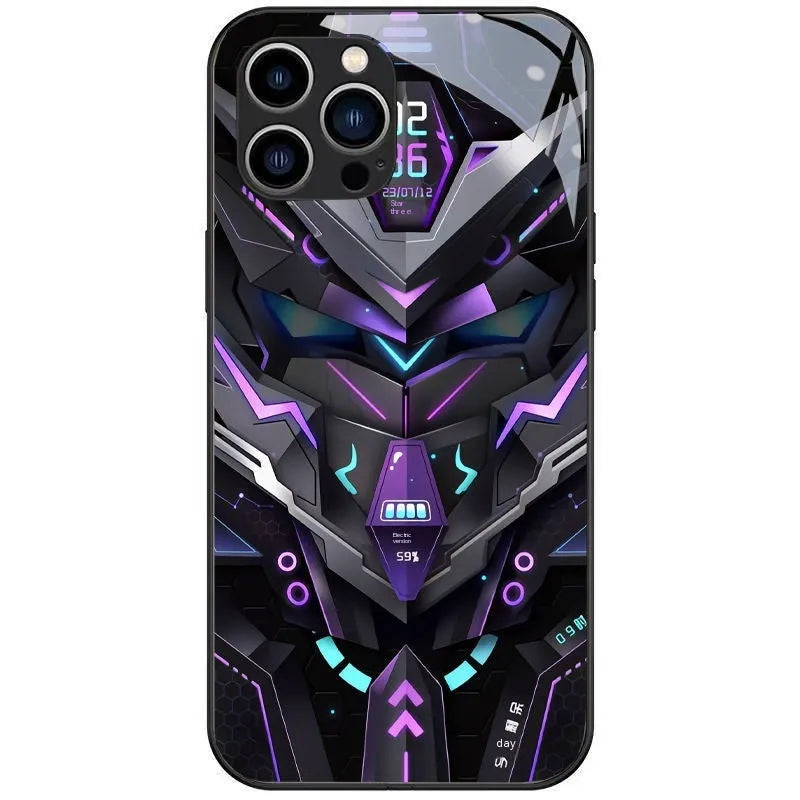 Apple iPhone phone case with light-emitting mech design, anti-fingerprint glass, and cartoon mech style.