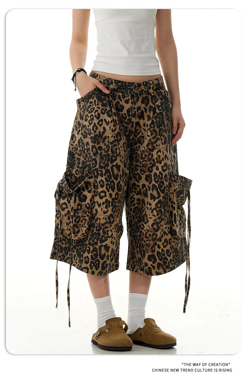Leopard print high-waist cotton cropped pants with a loose straight leg and button front.