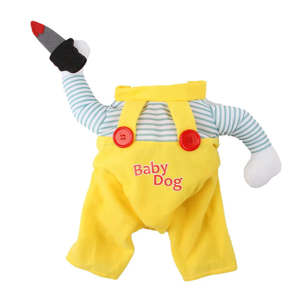 Yellow knife assassin themed polyester costume clothing for a cat.