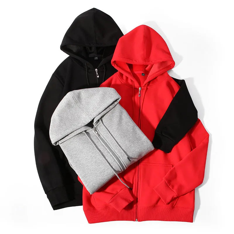Plus size man wearing a beige zip-up hooded cardigan sweater with kangaroo pockets