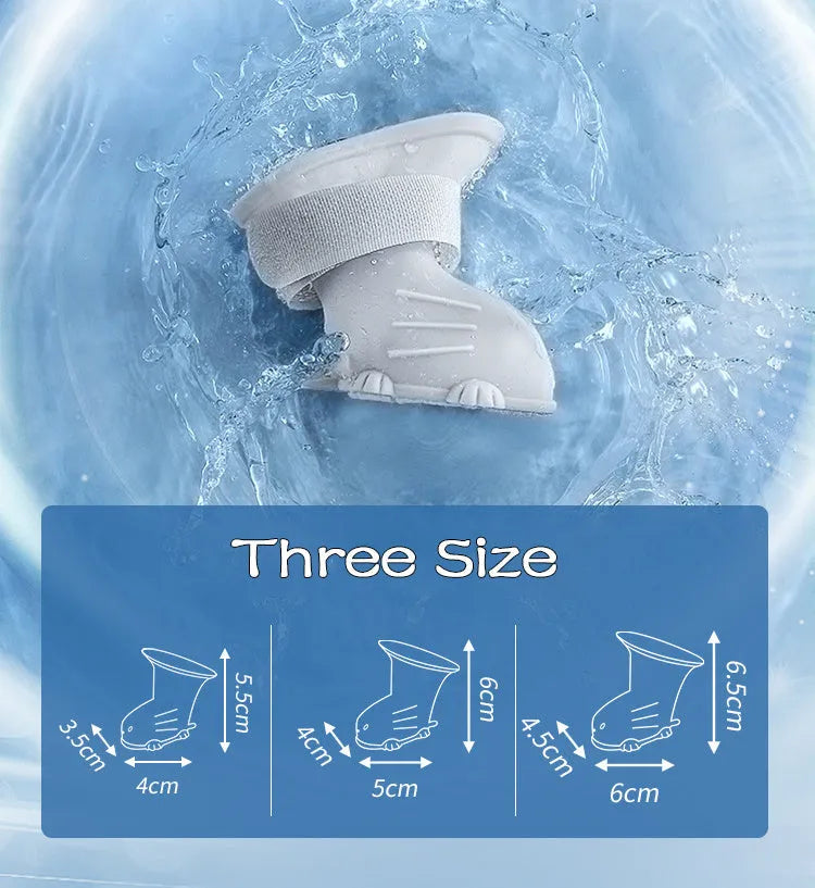 Set of four silicone dog rain boots in Dark Blue, Gray, Light Blue, and Pink, sizes S M L