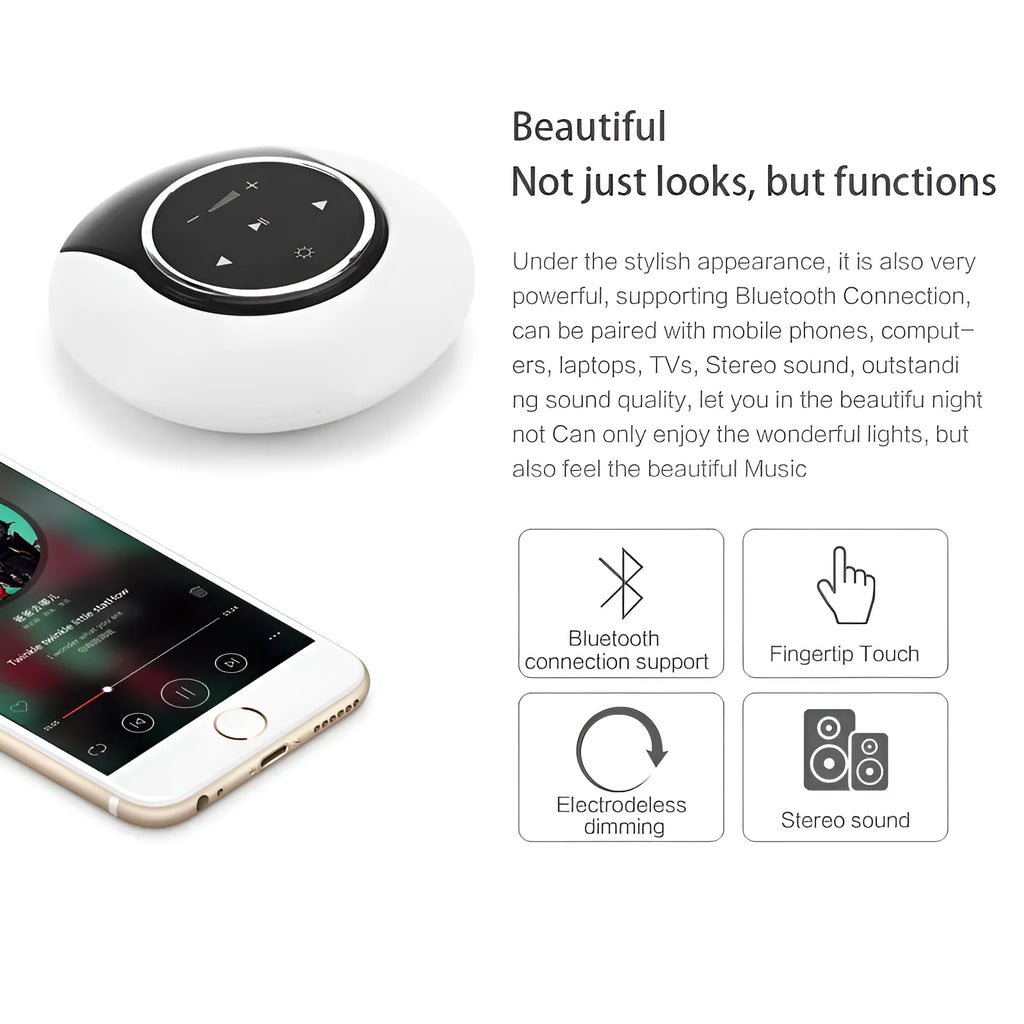 Blue and white Bluetooth speaker with integrated LED lamp showing touch controls and folding design