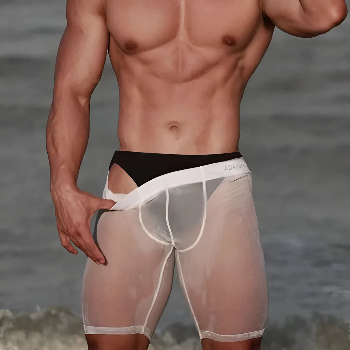 Men's black mesh home shorts with seamless construction and hip-lifting function