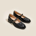 Thick-soled black low top extra height leather shoes for women with mid heel and round toe