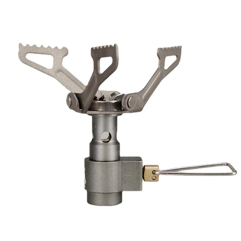 Silver portable mini titanium gas stove for camping and outdoor cooking, lightweight 25g