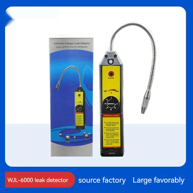 WJL-6000 handheld electronic halogen leak detector with a long black probe on a workshop bench.