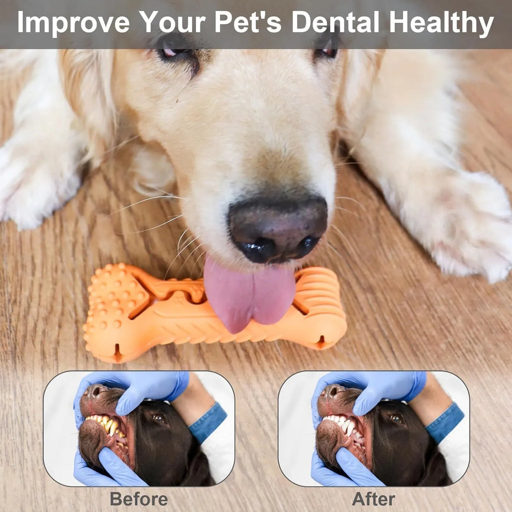 Blue natural rubber bone-shaped dog chew toy with textured surface for teeth cleaning