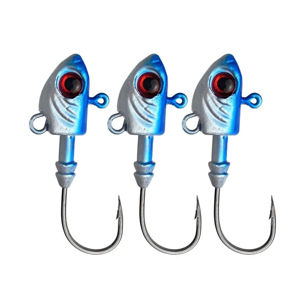 Yayu shaped lead head fishing jig hooks in blue, silver, and yellow, showing the fish-shaped design.