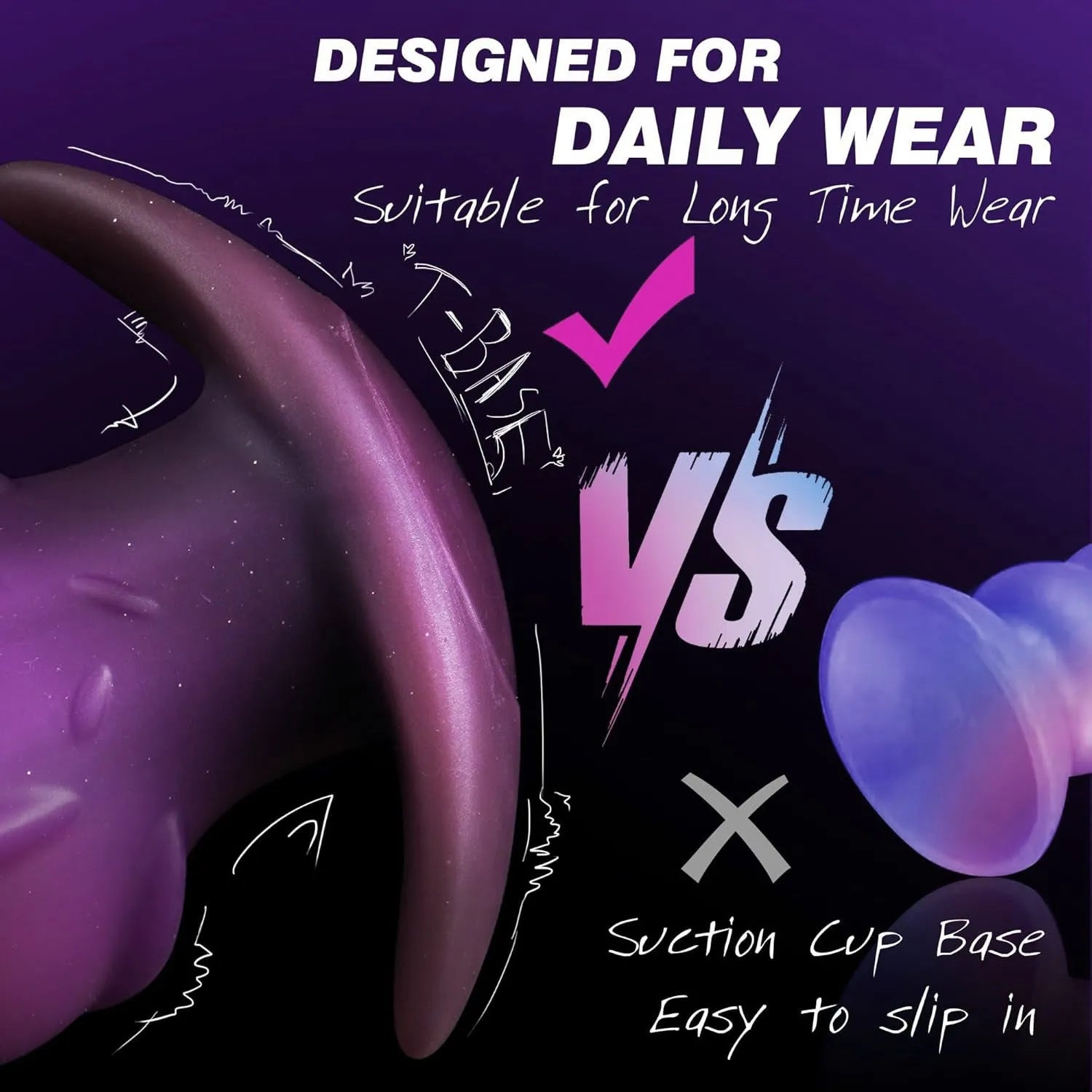 Purple, gold, and black unisex silicone masturbator adult toy in S, M, L, XL sizes.