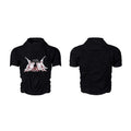 Black men's slim fit short sleeve t-shirt with a printed design and round neck.