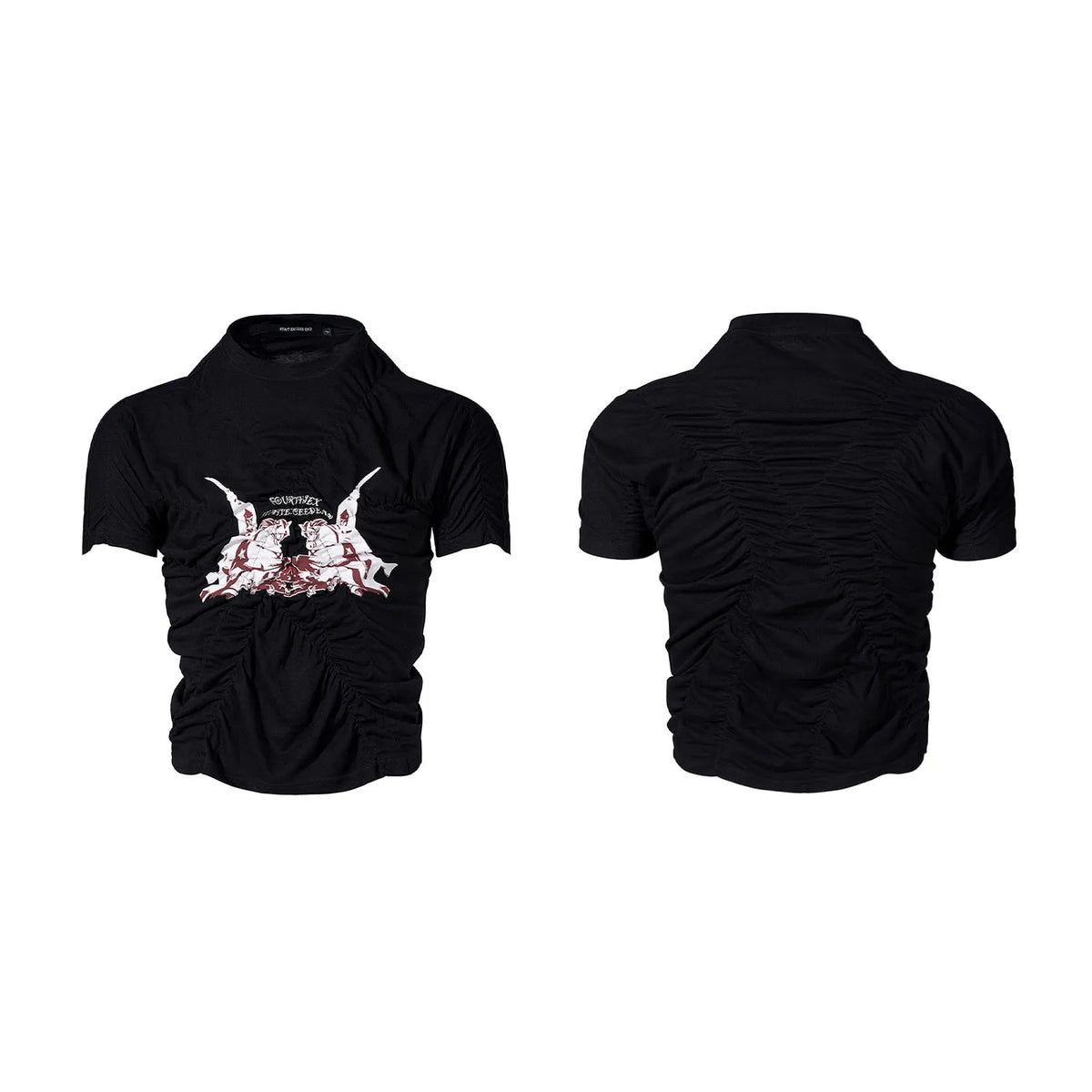 Black men's slim fit short sleeve t-shirt with a printed design and round neck.
