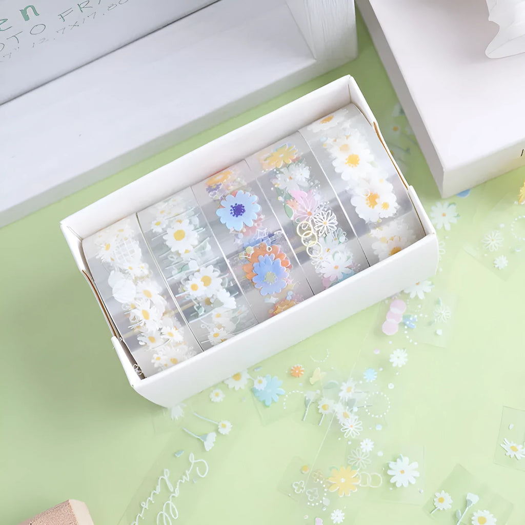 Five rolls of transparent decorative washi tape with Midsummer Daisy pattern, each 1.5cm wide