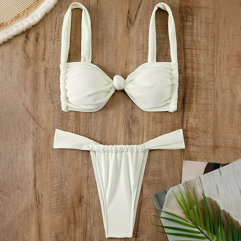Women's solid white lacing sling split swimsuit with high-elasticity nylon spandex fabric