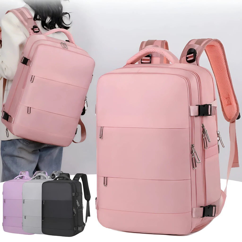 Purple waterproof travel backpack with multiple compartments showing 36-55L capacity