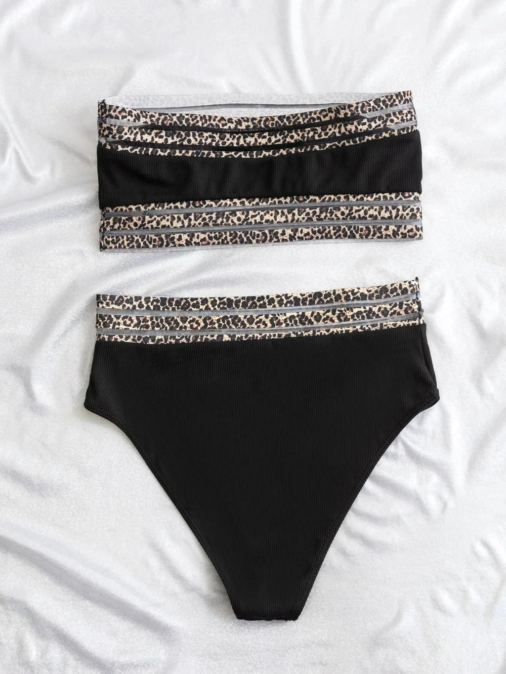 Black strapless leopard print bikini set with briefs on mannequin