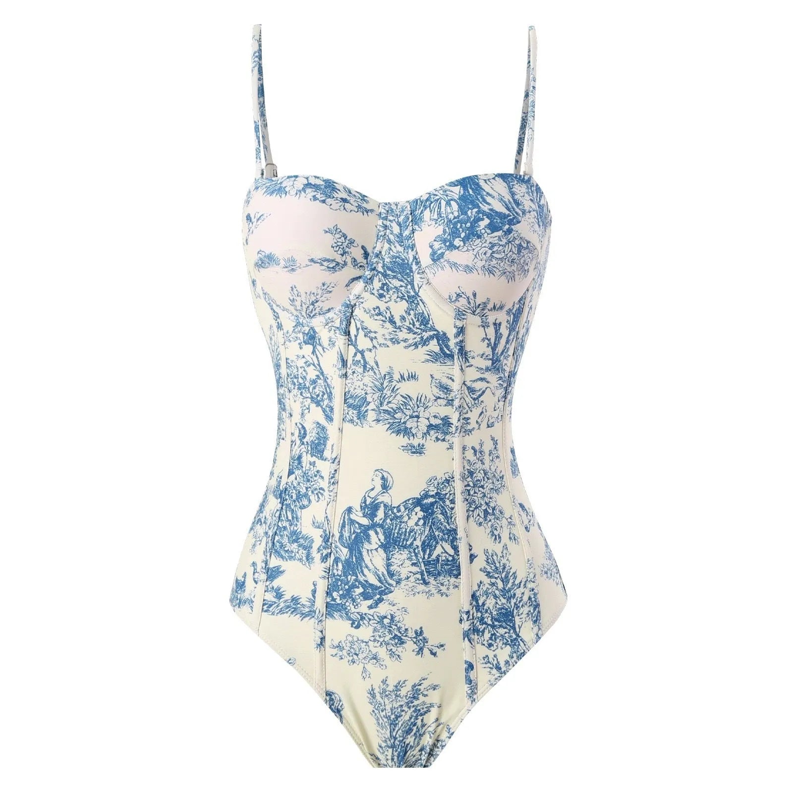 Blue women's one-piece swimsuit with matching gauze skirt accessory on mannequin