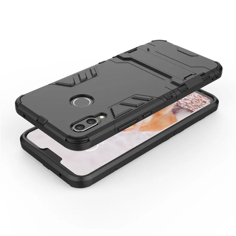 2-in-1 bracket phone case for Huawei P20 series in pure black, blue black, or red, made from TPU PC