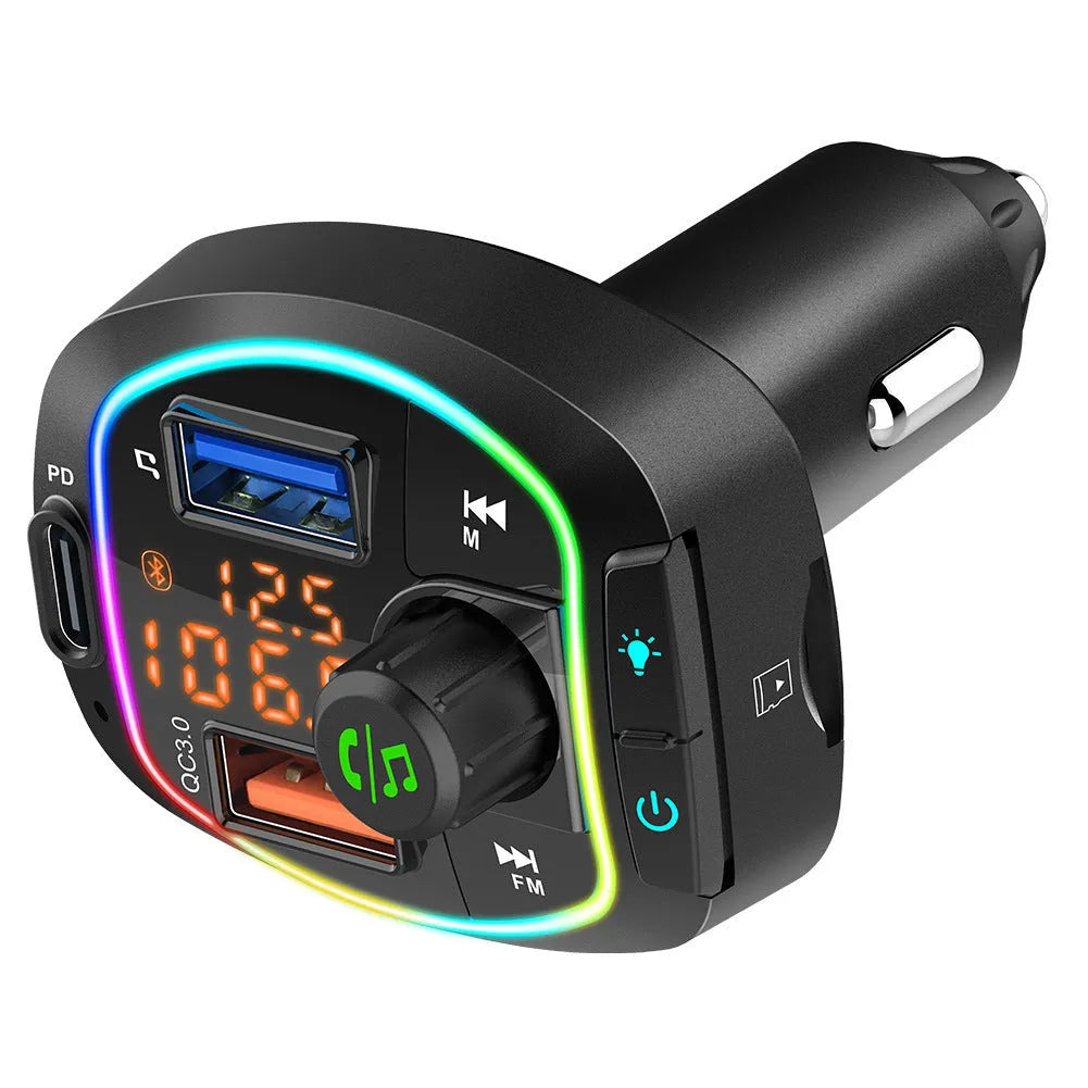 BC66 black car MP3 Bluetooth player with dual digital tube display, fast charging and seven-colour ambience light