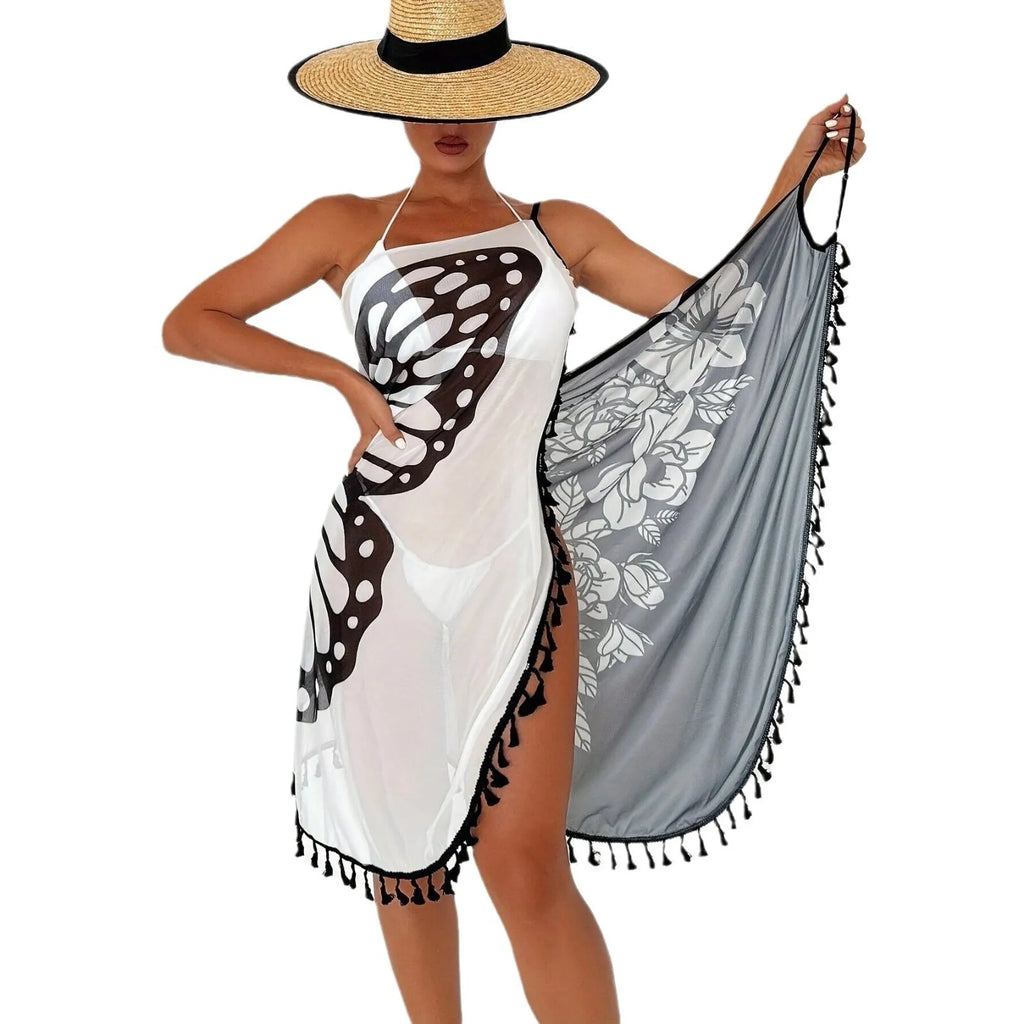 Women's cartoon print mesh bikini swimsuit with spandex lining in Black and White