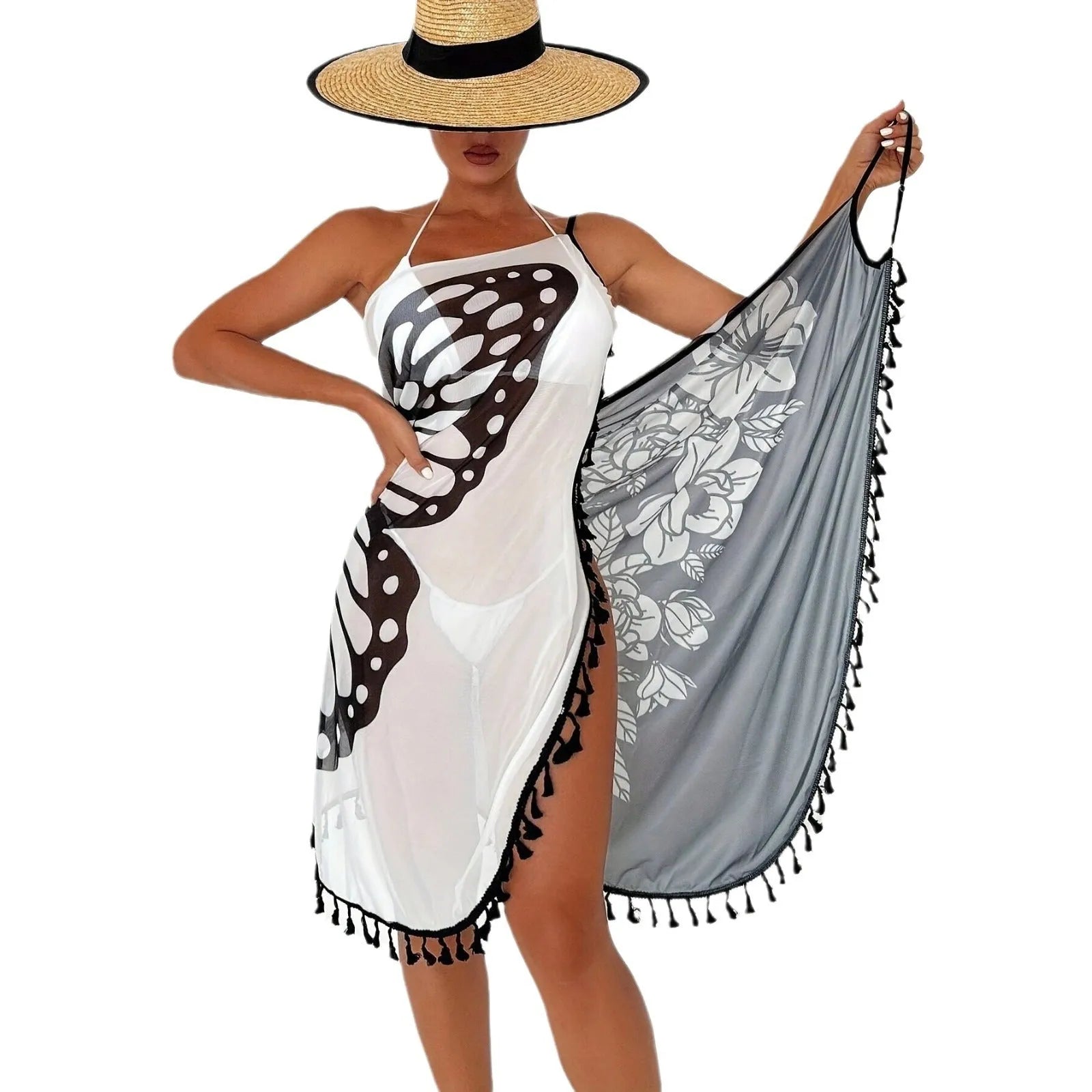 Women's cartoon print mesh bikini swimsuit with spandex lining in Black and White
