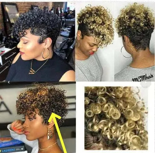 Women's short synthetic wig with simple rolls style in Kanekalon fibre showing exotic decorative look