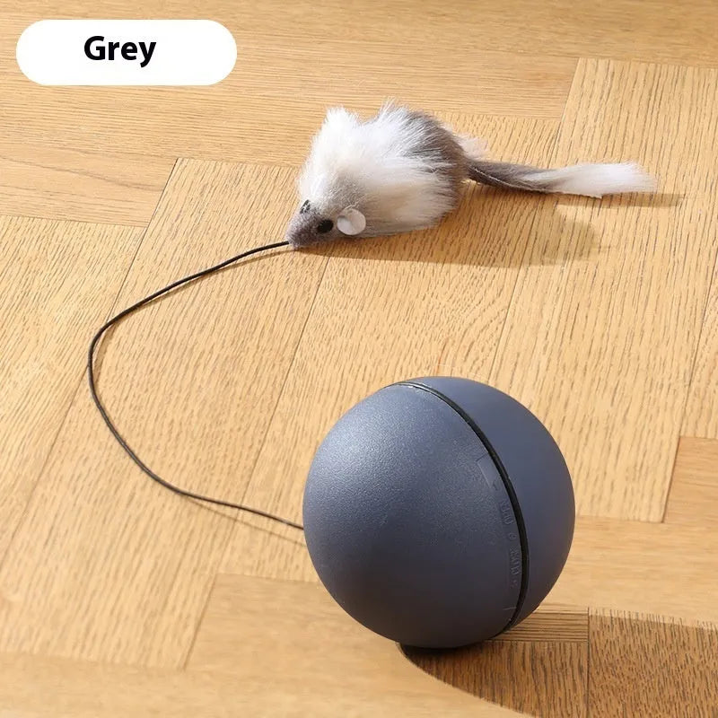 Automatic cat teasing ball with plush mouse in blue orange or dark grey colours