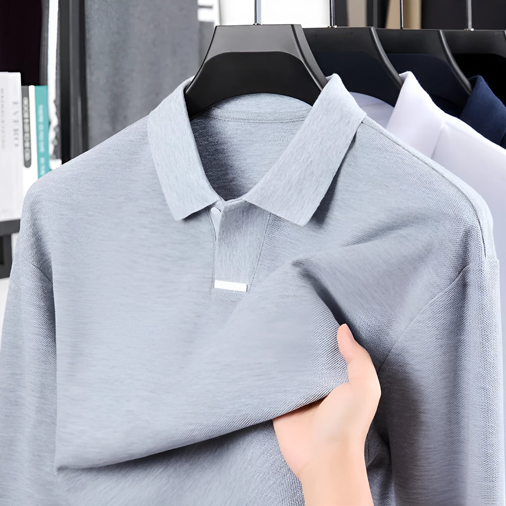 Men's loose fit cotton polo shirt with lapel collar and long sleeves in grey