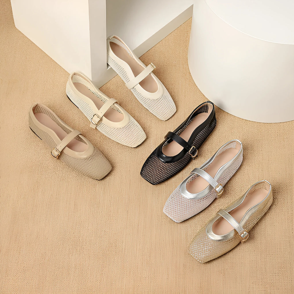 Women's beige mesh buckle sandals with a square toe and flat heel on a white background.