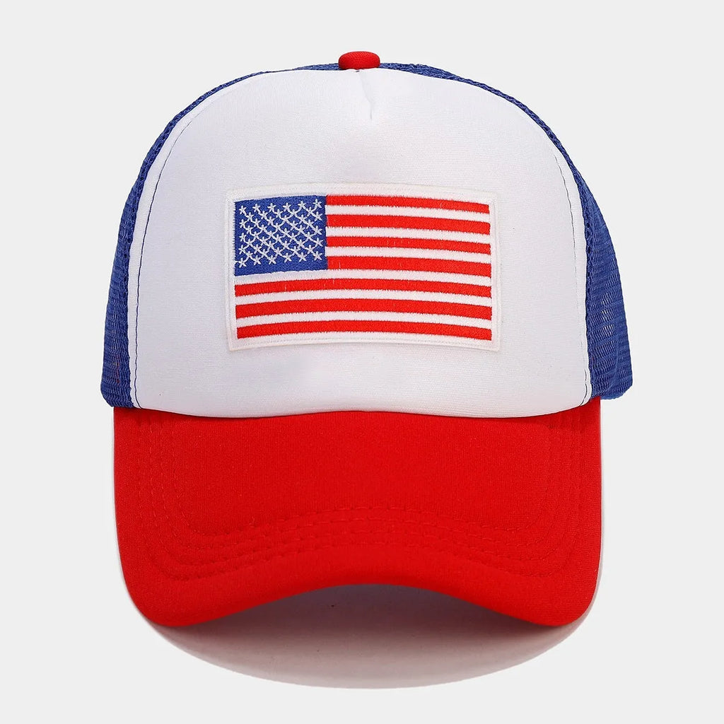 Red and blue mesh cotton baseball cap with dome crown and adjustable size