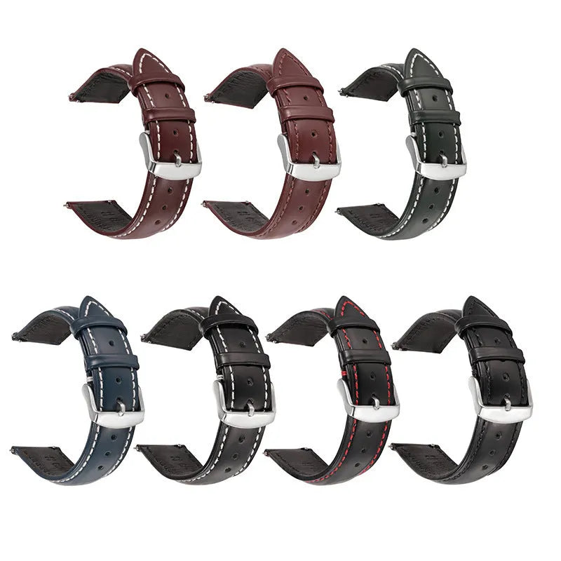 Quick release cowhide leather watch strap shown in multiple colour options including black, dark brown, and two-tone designs.